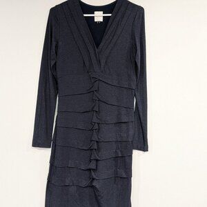 Nicole Miller Deep V-Neck Tidal Pleated Dress Navy Blue Size Medium